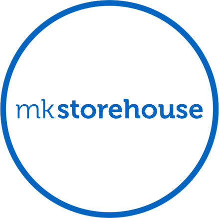mk storehouse, white circle with blue outline with words mk storehouse