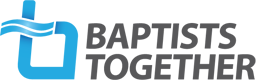 Baptist together logo with a blue b and a wave coming off the left