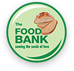 foodbank mk logo, green circle with a loaf of bread and the food bank MK, sewing the seeds of love