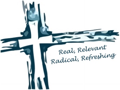 Church Logo: Cross with real, relevant, radical, refreshing underneath.