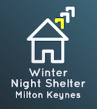 winter night shelter logo, blue rectangle with a white house outline and words winter night shelter milton keynes