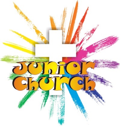 Junior Church logo, rainbow paint stripes coming our of a white cross with the words Junior Church on top