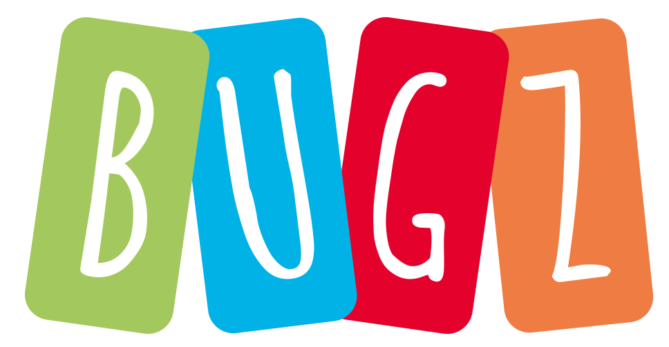 bugz logo, domino shaped tiles in green, blue, red and orange with each letter of BUGZ