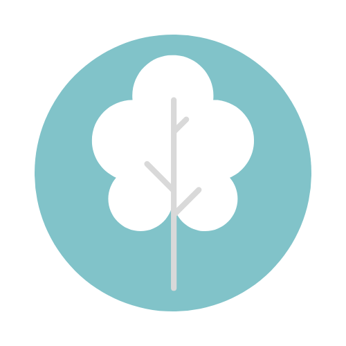 dedication logo, teal background with a white cartoon tree