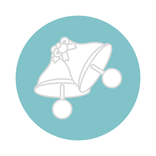 wedding logo teal circle with two white cartoon bells with a bow